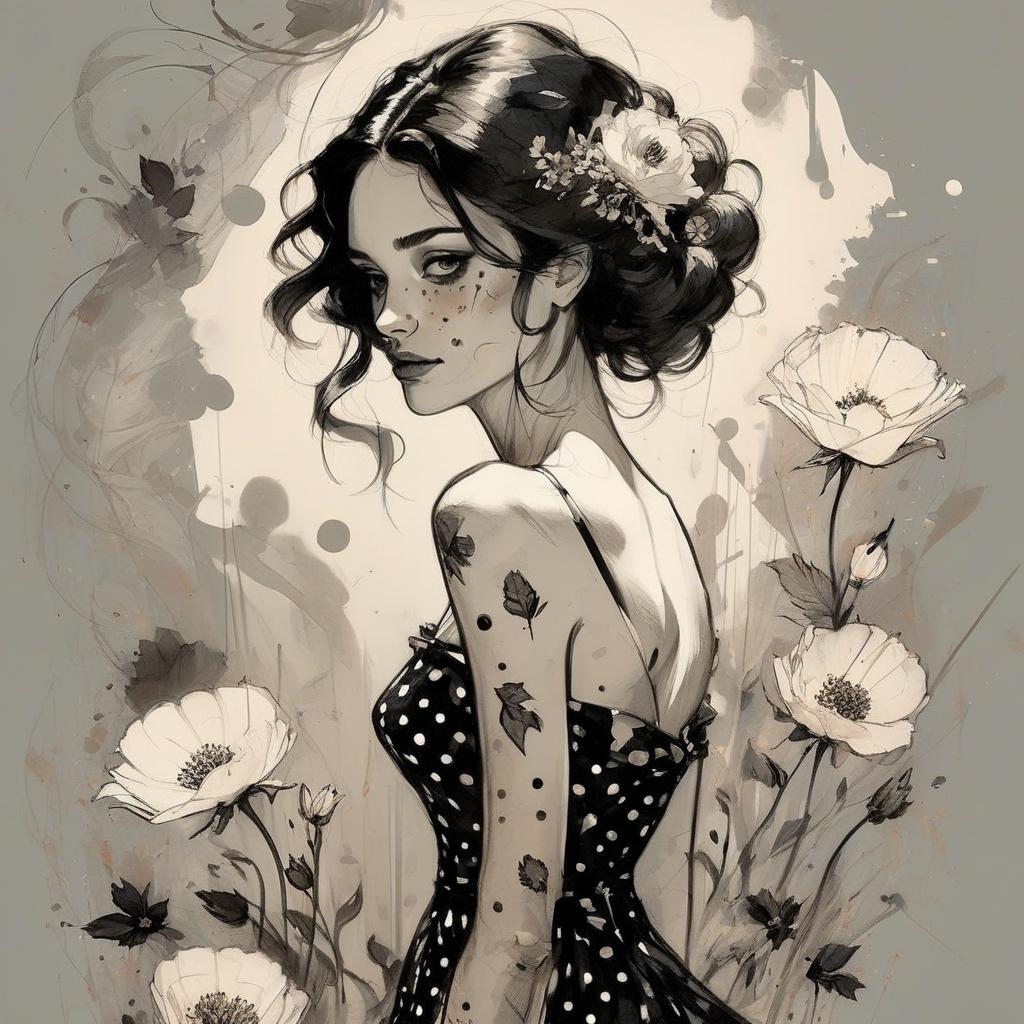  drawing beautiful woman , dramatic light, with a black polka dot dress, flowers, stunning, realistic, by abigail larson, carne griffiths.