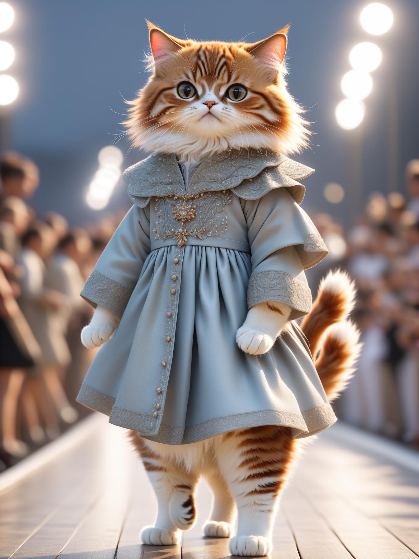  cute cat, fashionable dress, walking on a runway, full body, realistic style, high quality, detailed fur texture, catwalk fashion show, trendy outfit, stylish pose, elegant catwalk, hyper detailed, realistic lighting, glamorous atmosphere, professional modeling, fashionable cat, 4k resolution, sharp details, ee 70mm lens, side view. "highly detailed photo, sharp details, best quality, 4k, raw photo" photo realistic, highly intricate and detailed, masterpiece, ultra high res,photography,8k resolution