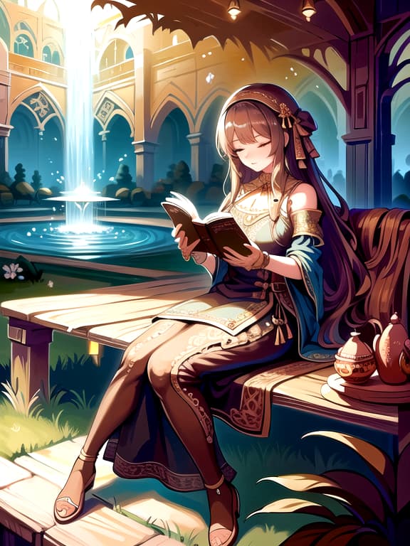  master piece, best quality, ultra detailed, highres, 4k.8k, woman, reading a book, serene, break love for nature, botanical garden, flower pot, bench, fountain, book, break tranquil, soft sunlight, gentle breeze, 1001arabiannights