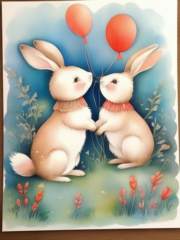  masterpiece,(((two cute wild rabbits))),lovers,big red balloon🎈,carrots,smiles,good friends,fairy tale style,crayon drawing,gentle colors,delicate,detailed,