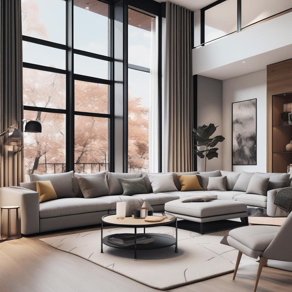  masterpiece, best quality, Best Quality, Masterpiece, 8k resolution,high resolution concept art of an apartment living room with floor to ceiling windows and modern furniture