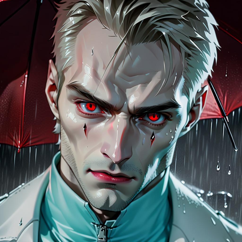  man. vampire. pale skin. beautiful eyes. in a white jacket. under a red umbrella. rain.