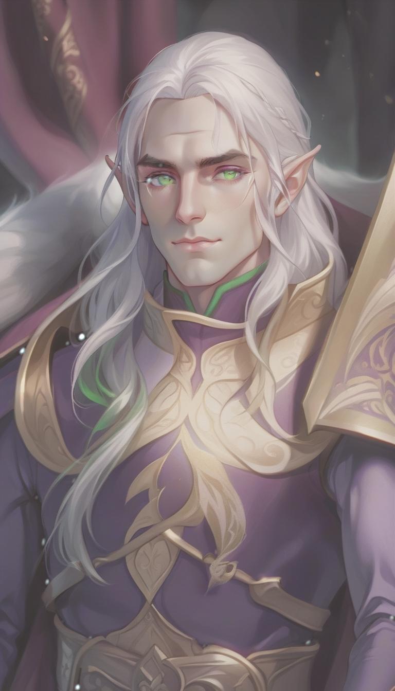  breathtaking man, elf, long white hair, green eyes, purple clothes . award winning, professional, highly detailed