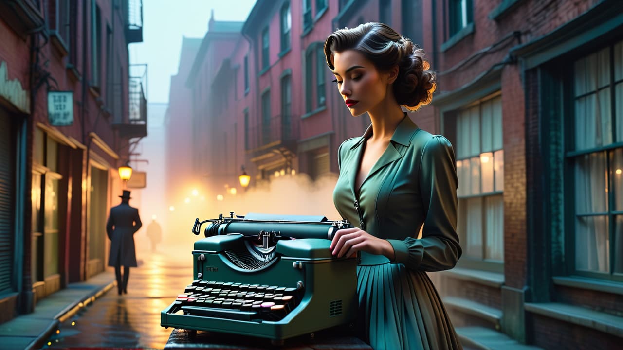  a shadowy figure in a dimly lit alley, holding a vintage typewriter with glowing keys, surrounded by swirling mist and faint urban landmarks, creating an eerie atmosphere that hints at an urban legend's allure. hyperrealistic, full body, detailed clothing, highly detailed, cinematic lighting, stunningly beautiful, intricate, sharp focus, f/1. 8, 85mm, (centered image composition), (professionally color graded), ((bright soft diffused light)), volumetric fog, trending on instagram, trending on tumblr, HDR 4K, 8K