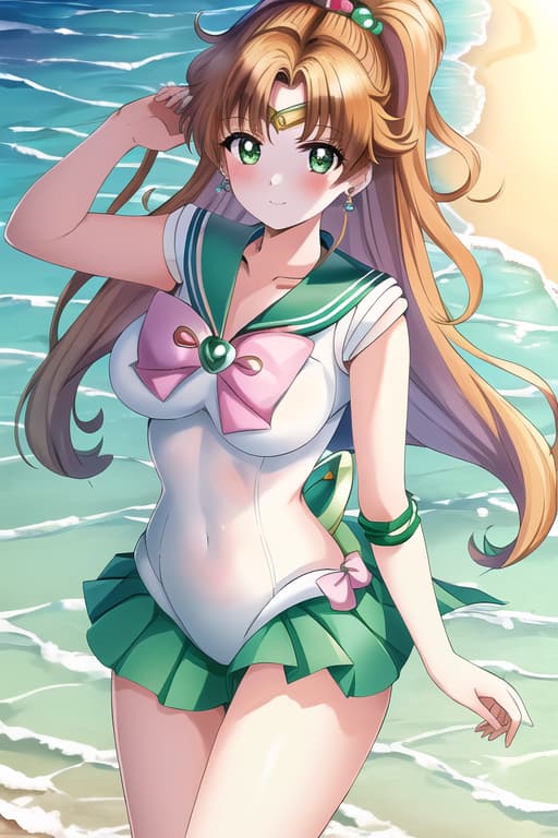  mermaid,(sailor jupiter:1.3), (masterpiece), (highest quality), (intricate), (high detail),girl at beach, an extremely detailed illustration of a cute beautiful women on the sea beach, detailed water, masterpiece, best quality, high quality, solo