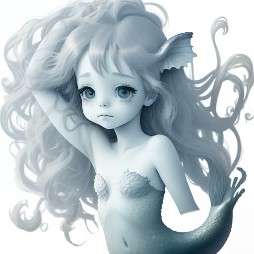  little mermaid girl, slowly sunk eyes, ruminant, scratching with tint, white background