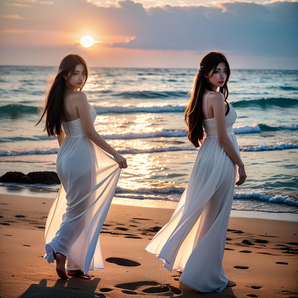  masterpiece, high quality, 4K, HDR BREAK A young woman standing on a beach, gazing out at the setting sun over the ocean. BREAK A woman wearing a flowing white dress, her hair blowing in the wind. BREAK Full length portrait, woman facing the camera with a serene expression. BREAK Sunset over the ocean, with a sandy beach and rocky cliffs in the background. hyperrealistic, full body, detailed clothing, highly detailed, cinematic lighting, stunningly beautiful, intricate, sharp focus, f/1. 8, 85mm, (centered image composition), (professionally color graded), ((bright soft diffused light)), volumetric fog, trending on instagram, trending on tumblr, HDR 4K, 8K