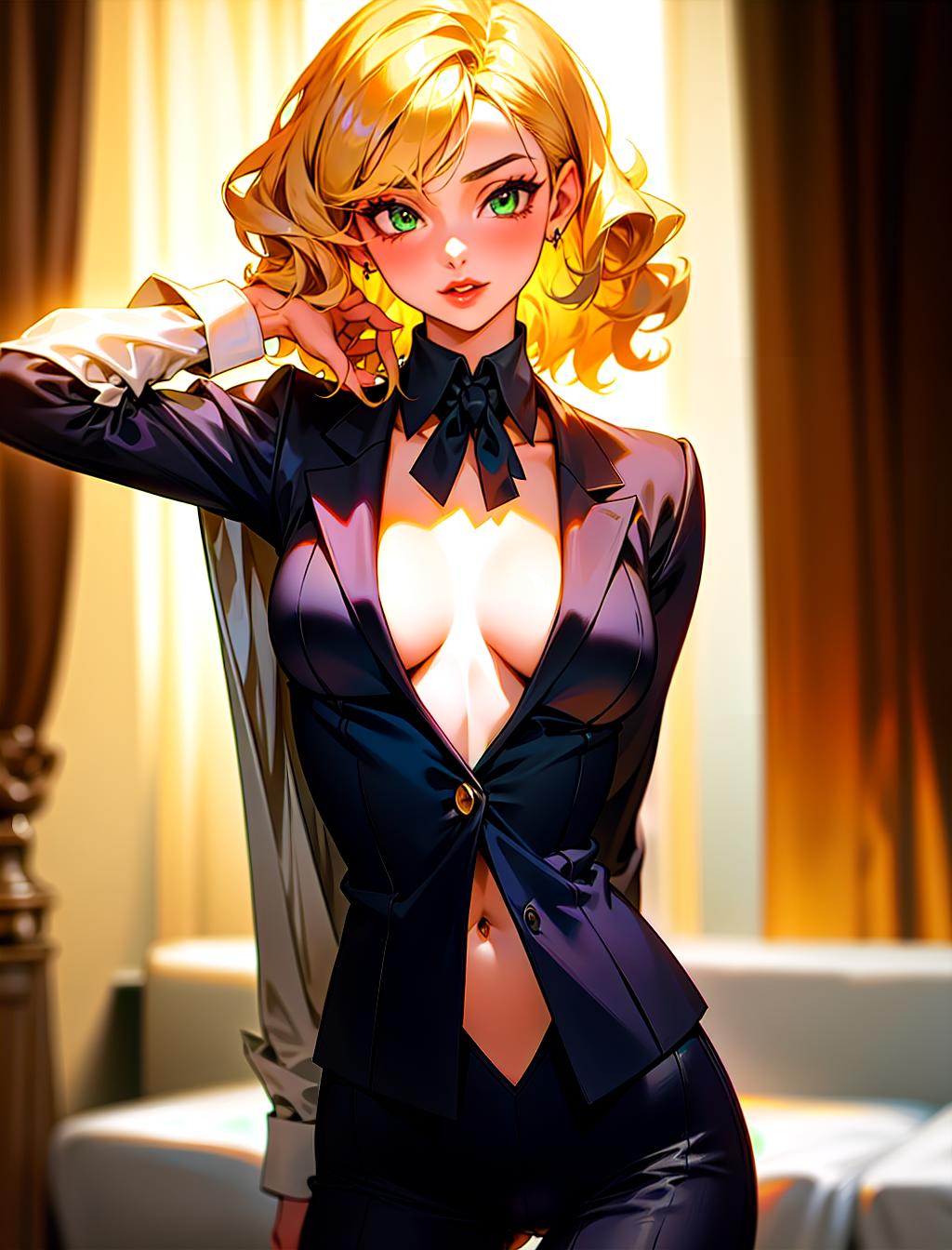   old model arousing and stimulating herself, green eyes, full lips, thin face, curly blonde hair, , wearing business attire at a fancy hotel, fully open shirt showing her small round s, toned abs, v line, micro (cameltoe)