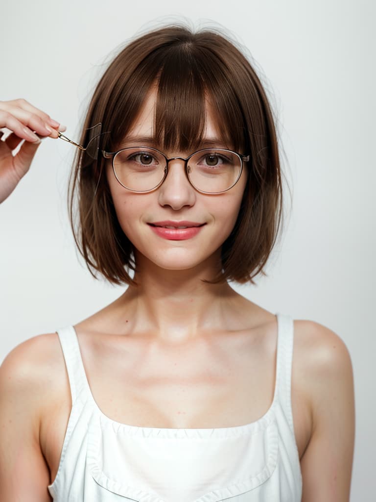  wearing glasses, thin eyes, 1 person, white background, brown hair, smile, bangs, short hair, masterpiece, best quality,8k,ultra detailed,high resolution,an extremely delicate and beautiful,hyper detail