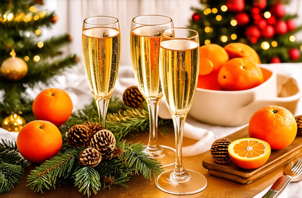  professional detailed photography, table decorated for christmas with glasses of champagne and tangerines ar 3:2, (muted colors, dim colors, soothing tones), (vsco:0.3)