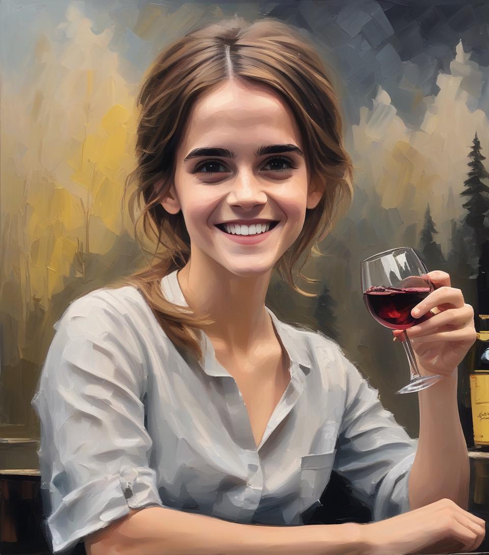  an oil palette knife painting of emma watson smiling turning water into wine in the style of bob ross, impasto and chiaroscuro