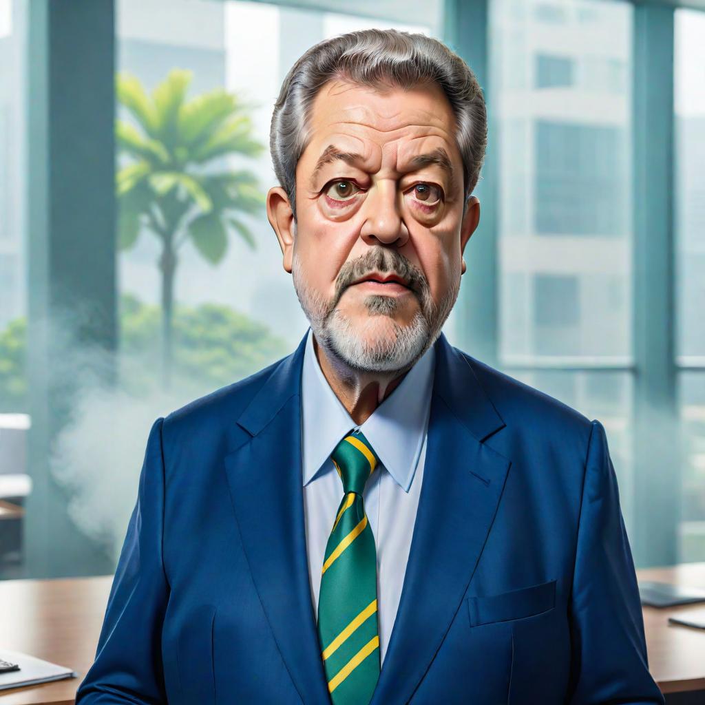  create a mad magazine style caricature of president lula, emphasizing exaggerated features like a prominent chin, large, expressive eyes, and a disproportionately large head. he is wearing a dark blue suit with a bright blue shirt and a green, yellow and blue striped tie. the setting is an office environment with blurred background elements suggesting modern architecture. the overall tone should be humorous and satirical. hyperrealistic, full body, detailed clothing, highly detailed, cinematic lighting, stunningly beautiful, intricate, sharp focus, f/1. 8, 85mm, (centered image composition), (professionally color graded), ((bright soft diffused light)), volumetric fog, trending on instagram, trending on tumblr, HDR 4K, 8K