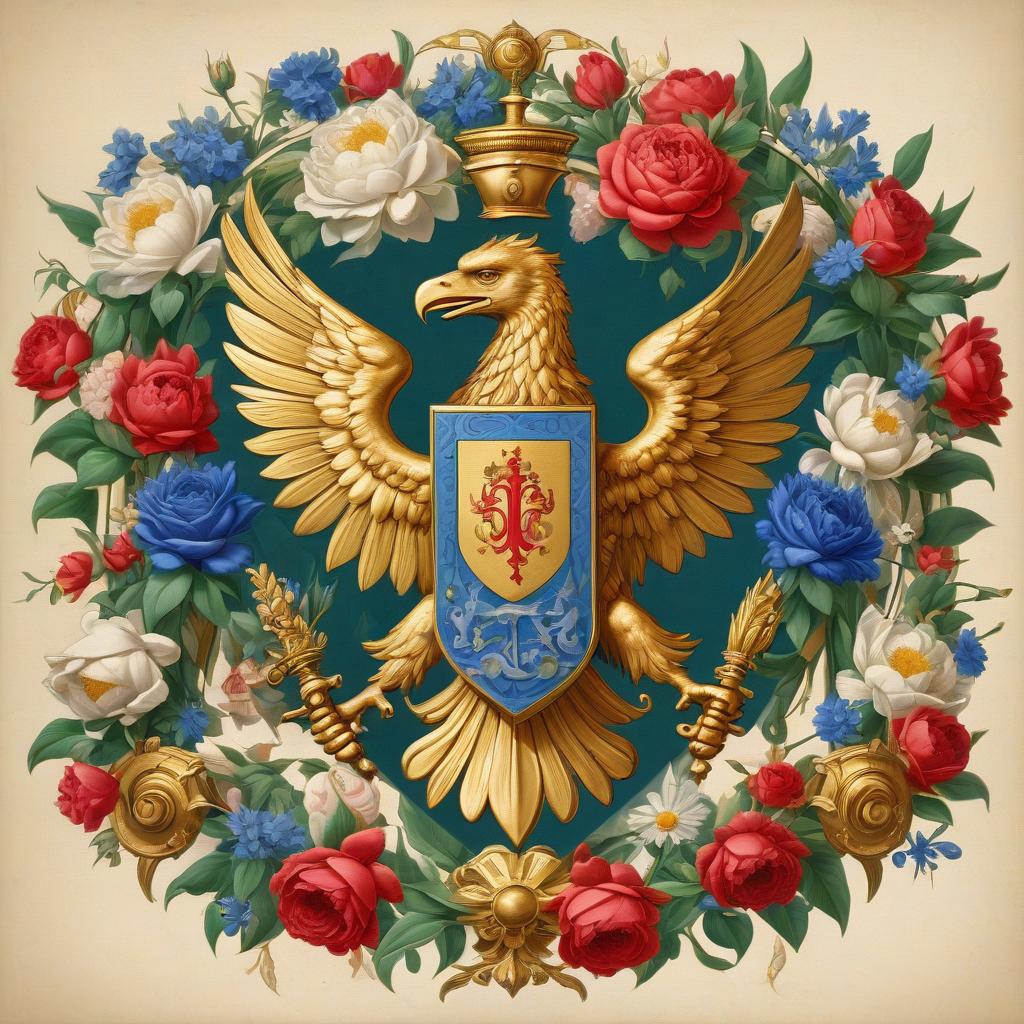  futurism. coat of arms with a double headed eagle. four colors: gold, green, blue, red. flowers: roses, peonies, daisies, cornflowers, hyacinths, bells.