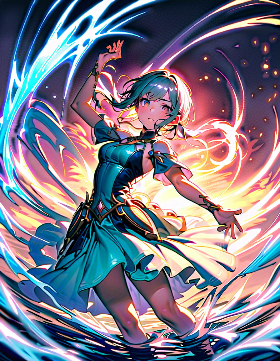  undine, attacking fiercely, radiating a sense of strength., graceful and determined, break the enchanting encounter of a powerful water fairy. , enchanted forest glade, glistening waterfalls, shimmering crystals, lush aquatic flora, break mystical and serene, glittering water trails, ethereal light beams,