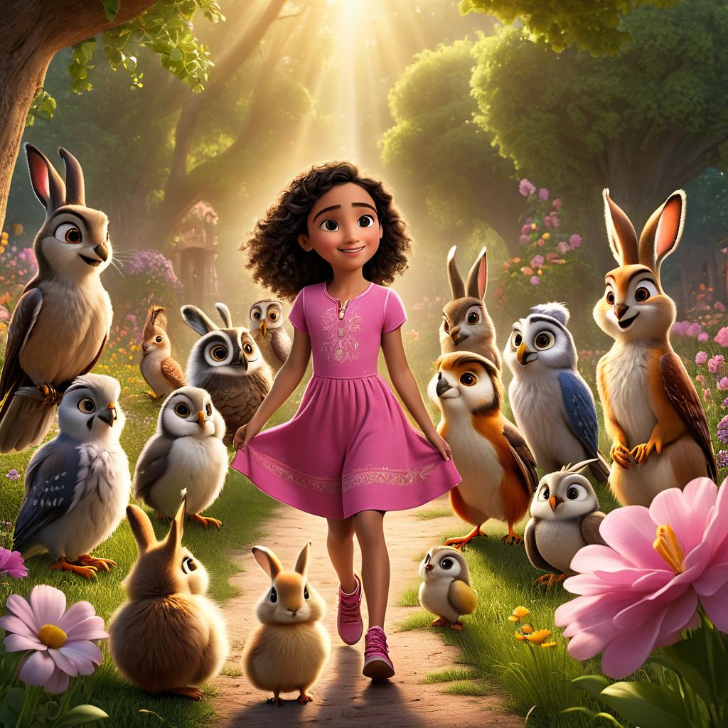  in 3d animated movie style. disney pixar style. fatima, inquisitive and kind hearted, wearing a pink dress. friends, 4 , energetic and in colorful t shirts and shorts. talking animals, helpful and wise with natural fur and feathers. lively meadow with wise owl perched, friendly rabbit hopping, clever squirrel king. high resolution pixar 3d style with vint colors, soft lighting for warm feel. bird's eye view composition showcasing interactions.