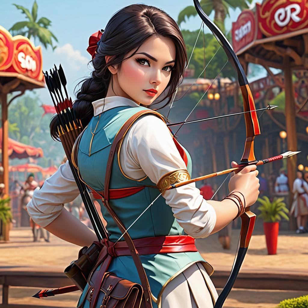  female archer in casual, bloody clothes at fantasticland amusement park, golden road, shops all around., award winning, professional, highly detailed, masterpiece