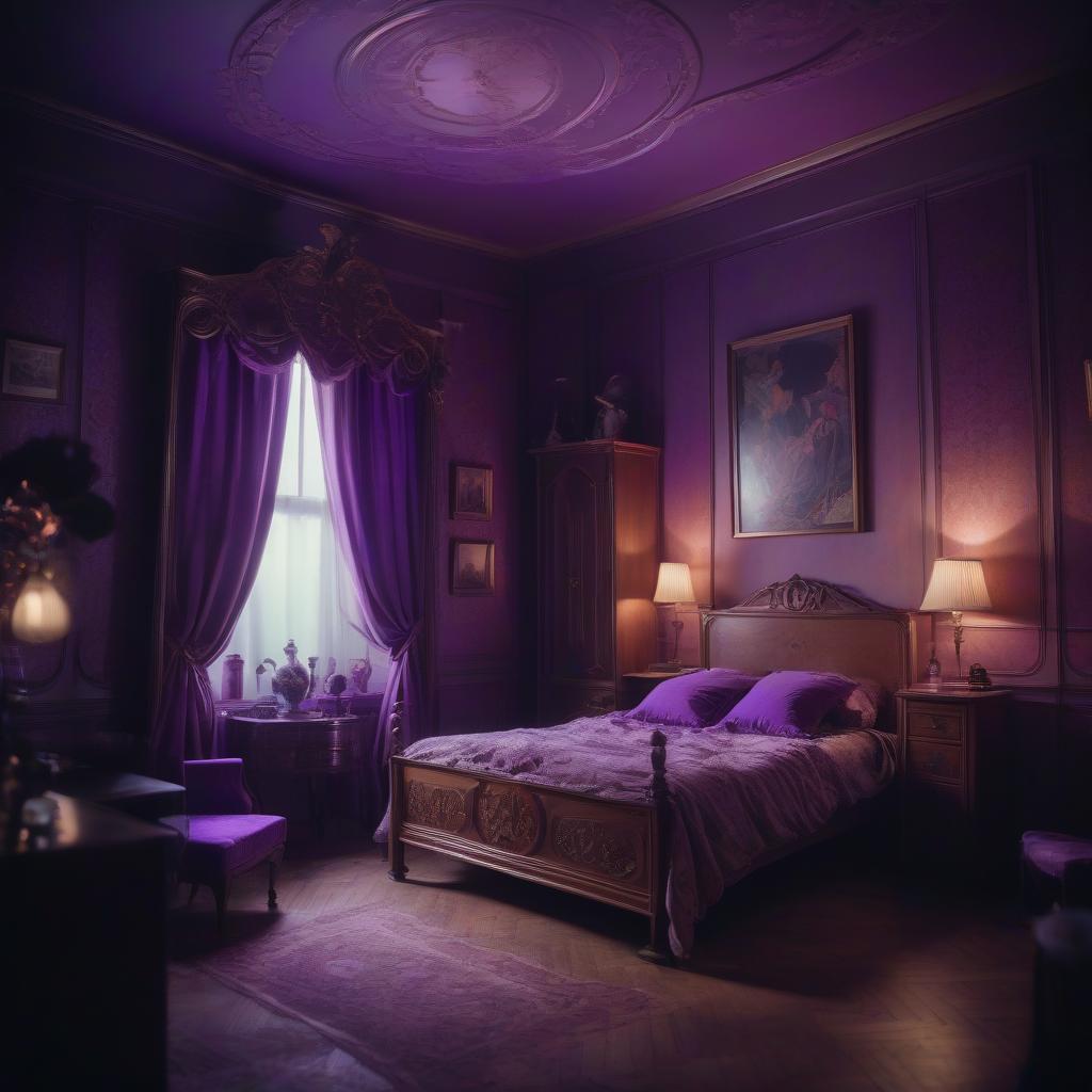  cinematic film still small bedroom, with purple lighting, in art nouveau style . shallow depth of field, vignette, highly detailed, high budget, bokeh, cinemascope, moody, epic, gorgeous, film grain, grainy