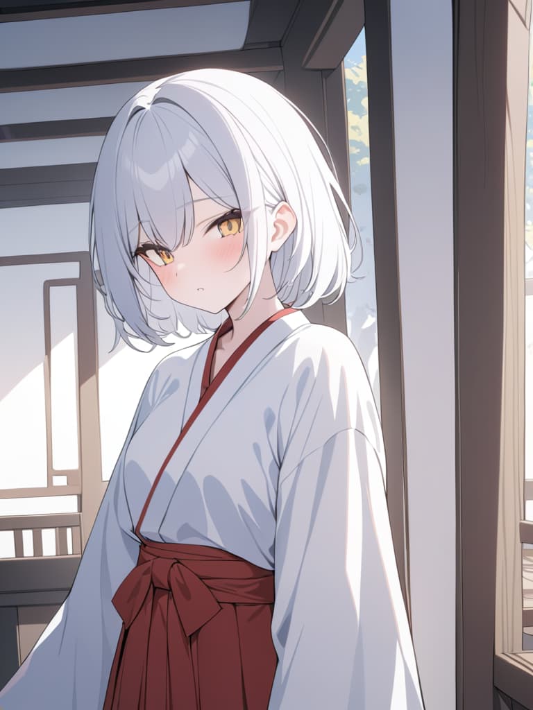  there are corners, girls, sharp ears, hakama, hanging, short hair, white hair, dragon's girl, red and white hakama, masterpiece, best quality,8k,ultra detailed,high resolution,an extremely delicate and beautiful,hyper detail