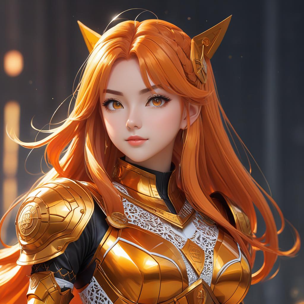  front view, masterpiece, best quality, photorealistic, raw photo, (1girl, looking at viewer), long orange hair, bitcoin mechanical armor,bitcoin intricate armor, delicate orange filigree, intricate filigree, orange metalic parts, detailed part, dynamic pose, detailed background, dynamic lighting,, anime artwork, anime style, key visual, vibrant, studio anime, highly detailed