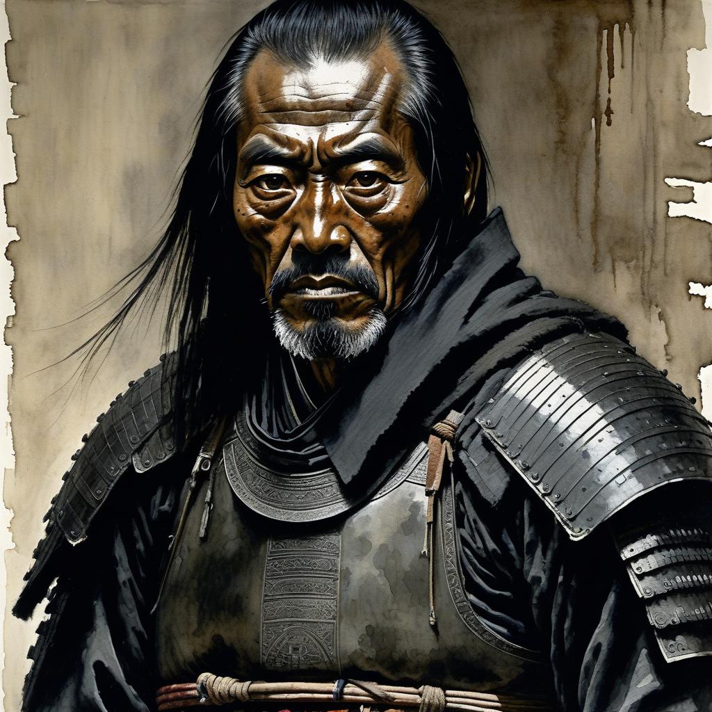  a tall, thin samurai of indeterminate age, in full quality black samurai armor. sickly pale white skin, (sharp predatory features, his face looks exhausted), pouches under the eyes, fatigue, (long black hair with rare gray strands). his whole appearance makes a gloomy and stern impression. by howard pyle, (dim, watercolor 2 but extremely beautiful:1.4), (intricate details, masterpiece, best quality:1.4) , in the style of nicola samori, japanese style ink drawing, ink drawing, ink wash, japanese style ink drawing, looking at viewer