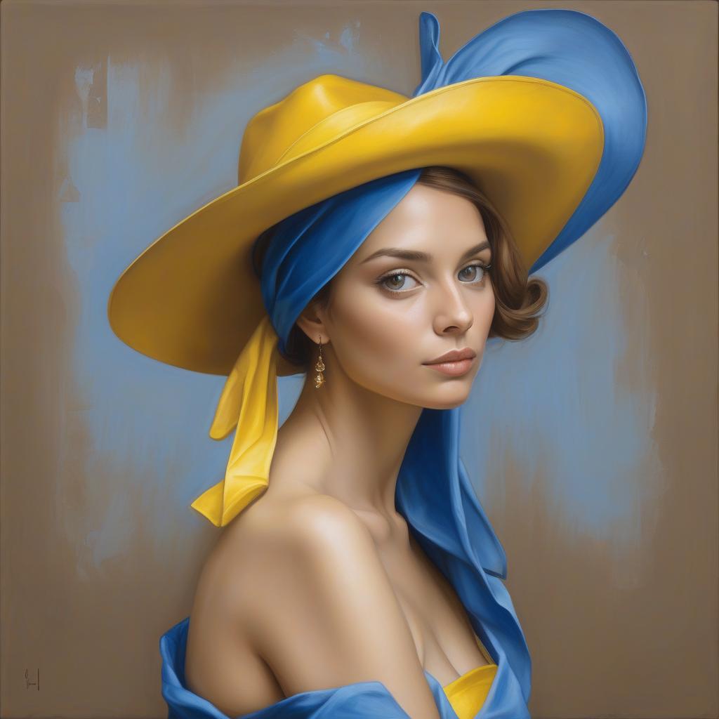  <mymodel> a painting of a woman with a yellow hat on her head and a blue dress on her body and a brown background, art brenner, figurative art, extremely detailed oil painting, a photorealistic painting