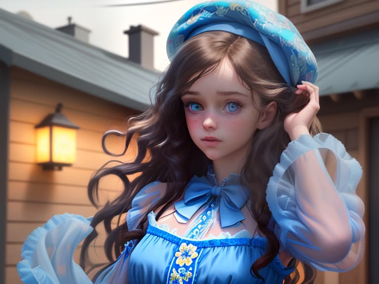  a girl with long curly brown hair and big blue eyes. she is dressed in a beautiful blue dress with a lush and transparent sleeves, decorated with floral applications. the dress also has a large blue bow. the girl holds a blue handbag decorated with flowers. on her head she has a blue beret with a floral composition on the side. the background of the image is blurry, with bright colored houses. , (extremely detailed oil painting:1.2), glow effects, godrays, hand drawn, render, 8k, octane render, cinema 4d, blender, dark, atmospheric 4k ultra detailed, cinematic sensual, sharp focus, humorous ilration, big depth of field, masterpiece, colors, 3d octane render, 4k, concept art, trending on artstation, hyperrealistic, vivid 