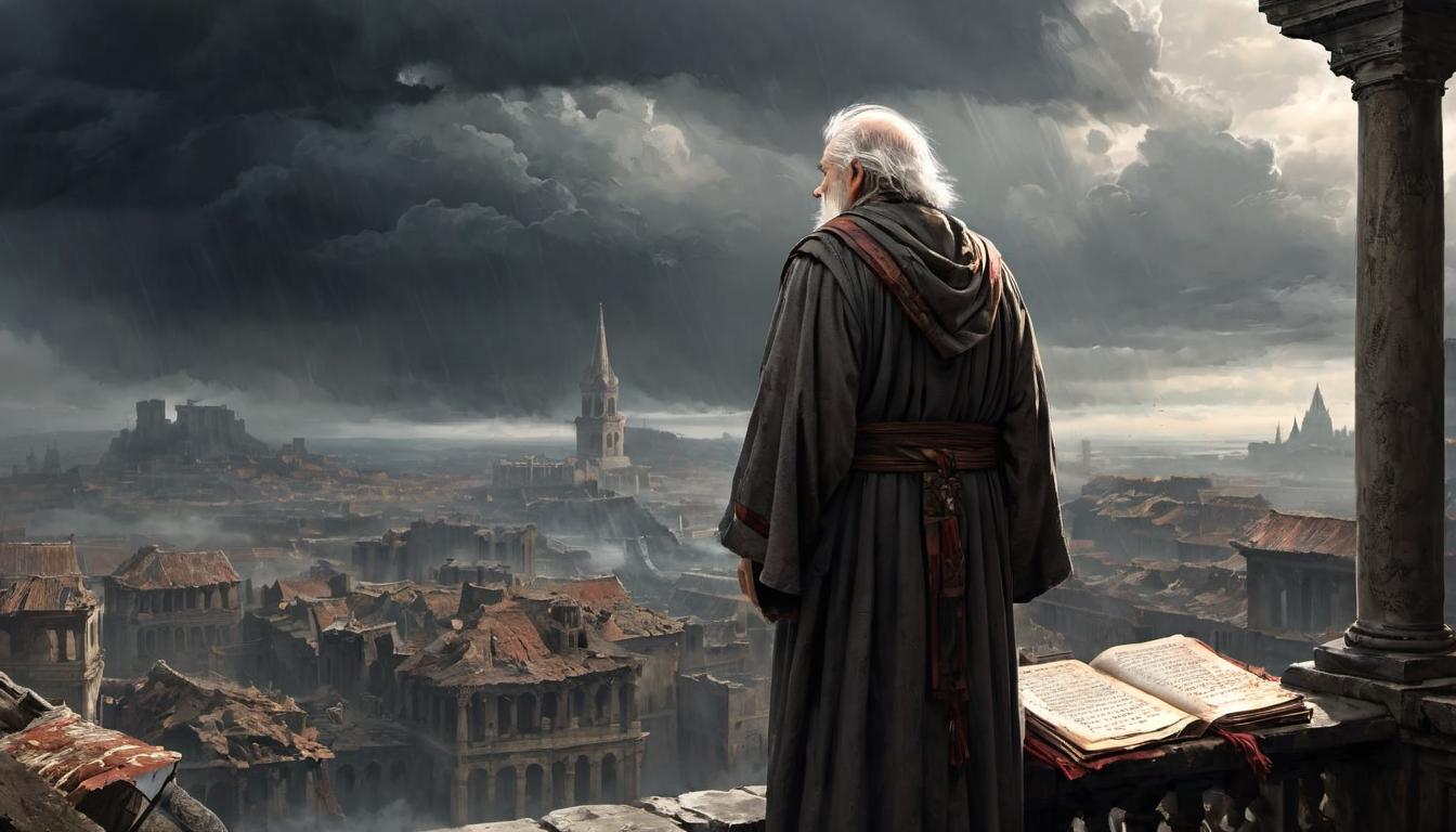  digital painting of a weary old man, clad in tattered robes, clutching an ancient scroll, overlooking a ruined city from a high platform, dark clouds swirling above, somber, despair filled. looking at viewer, dynamic pose, (intricate details, masterpiece, best quality)