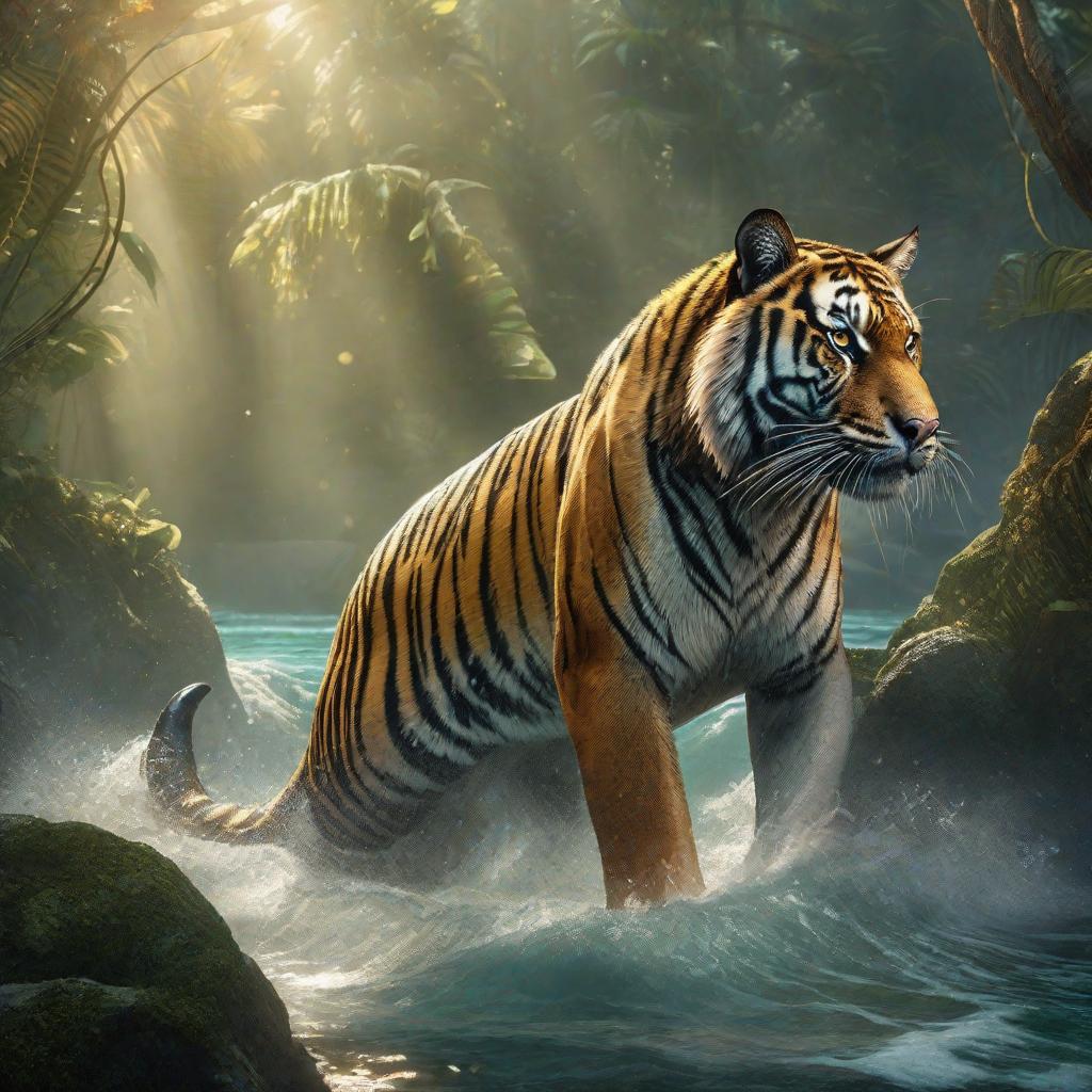  imagine a land and sea predator, with the muscular body of a tiger but sleek, smooth shark skin. it has large, sharp fins along its back and a tail that whips like a shark’s. its eyes are intense, glowing, and it prowls through both jungle and ocean with ease. hyperrealistic, full body, detailed clothing, highly detailed, cinematic lighting, stunningly beautiful, intricate, sharp focus, f/1. 8, 85mm, (centered image composition), (professionally color graded), ((bright soft diffused light)), volumetric fog, trending on instagram, trending on tumblr, HDR 4K, 8K