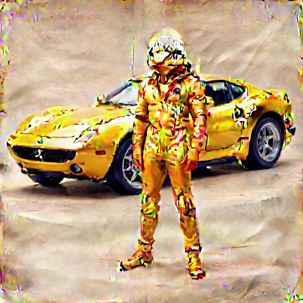  near the orange ferrari gts turbo stands a frog in a tight fitting jumpsuit of yellow color, civitai, on parchment