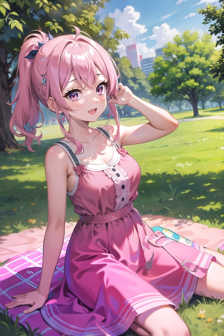  r 18, , middle , ,random situation, pink haired ,ponytail,large eyes,selfie in a park, picnic setup, sundress
