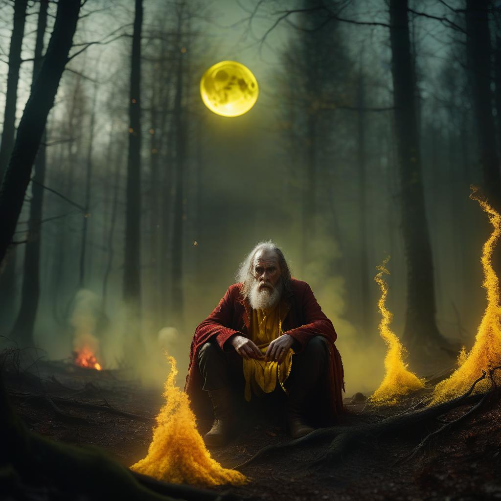  cinematic film still in a gloomy forest, a greasy toothed sorcerer sits and looks at the fiery creatures shrouded in yellow smoke with red threads green sparks moon stars rays of white light . shallow depth of field, vignette, highly detailed, high budget, bokeh, cinemascope, moody, epic, gorgeous, film grain, grainy