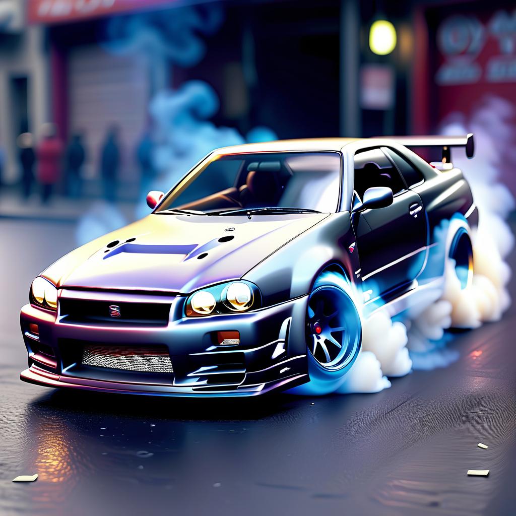  nissan gtr r34 drifts. smoke from under the wheels. lighting of the bottom. camera at the level of asphalt. the car is real, but the size of a toy. there is no symbolism on the grille. on the number text: "rc cd." macro shooting.