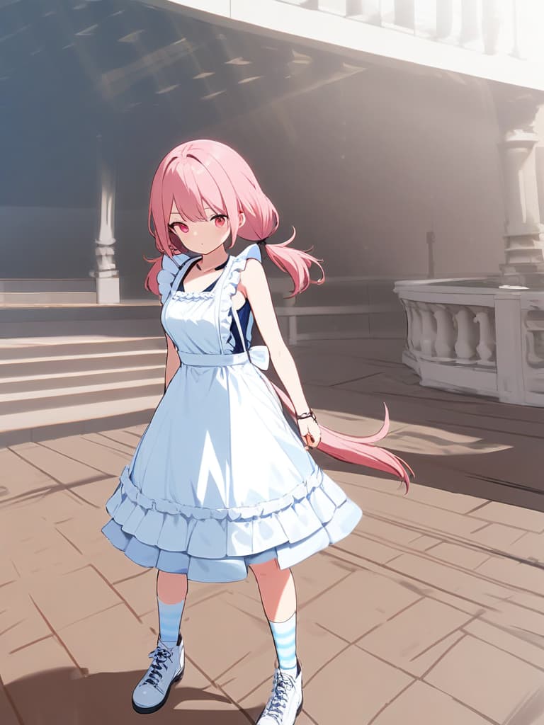  (beautiful girl:1.5)(low twin tail & drilled hair:1.7)(pink hair color & eye color)(wearing light blue frilly apron dress:1.7)(buxom white leg warmers:1.7)(shoes with straps:1.7)(background park stairs)high quality,masterpiece,16k,super analysis