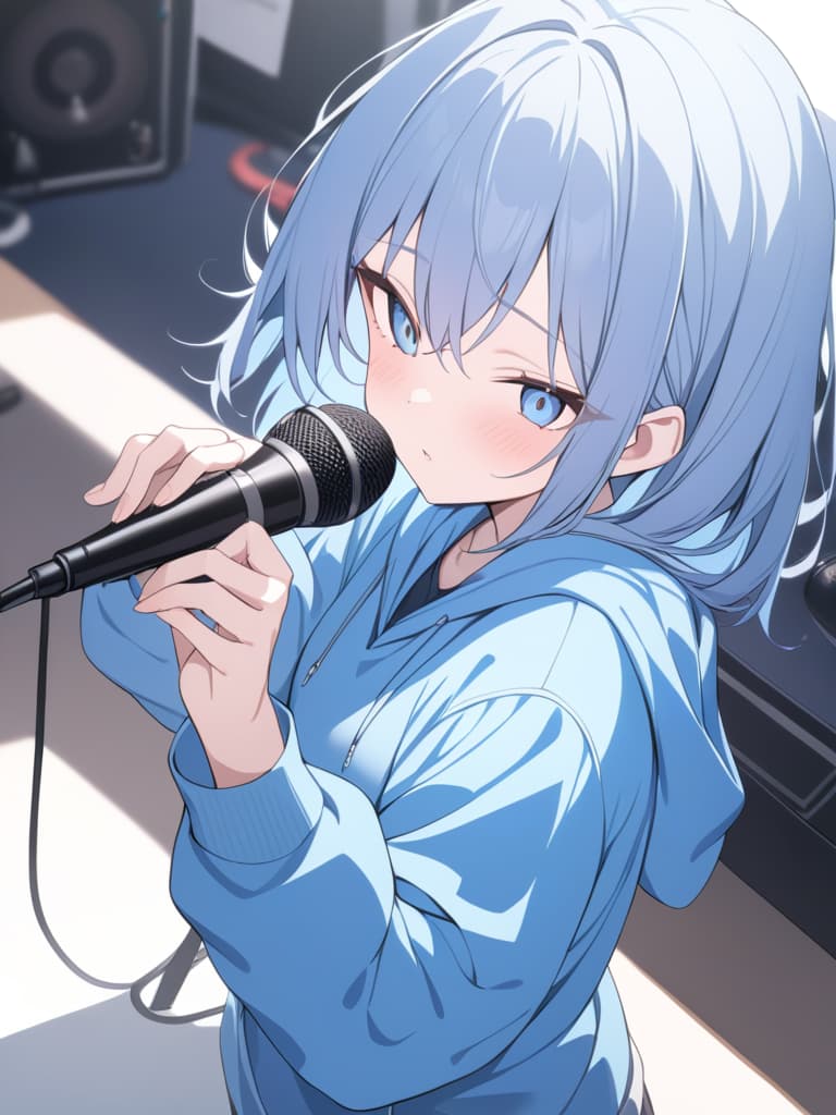  light blue hair, light blue, bob hair, microphone, live, blue hoodie, yay, masterpiece, best quality,8k,ultra detailed,high resolution,an extremely delicate and beautiful,hyper detail