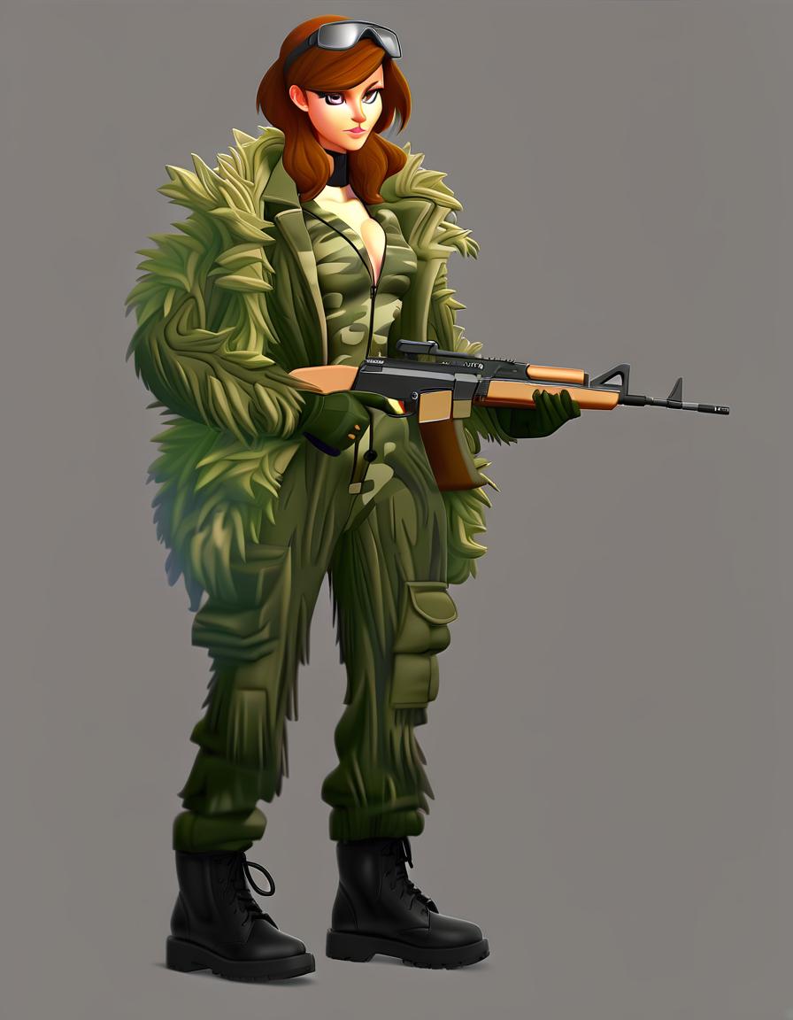  please make detailed render of women in camouflage suit