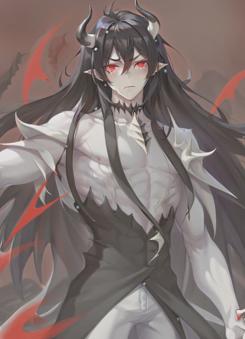  man demon, white skin, red eyes, black hair, white horns, black clothes, sticker