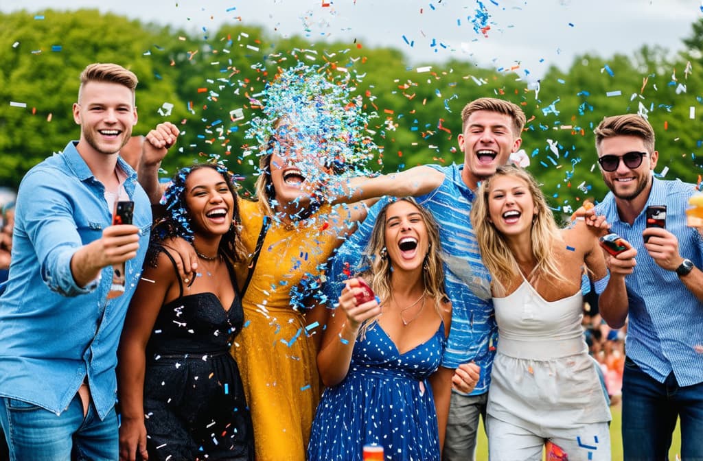  professional detailed photography, group of friends having fun at summer party throwing confetti in the air, young multiracial hipsters having fun on weekend outdoors ar 3:2, (muted colors, dim colors, soothing tones), (vsco:0.3)