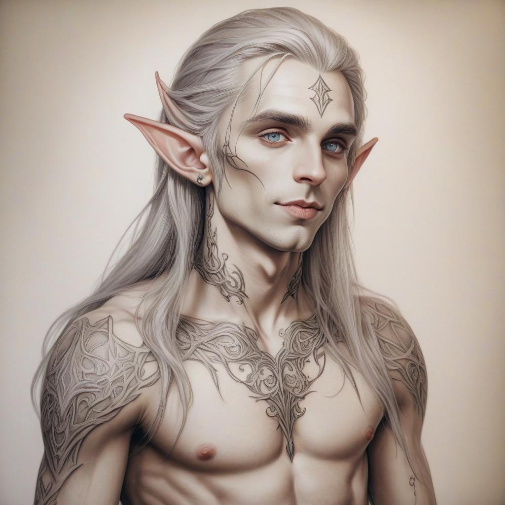  tattoo elvish tongue on the shoulders and torso of a long haired elf