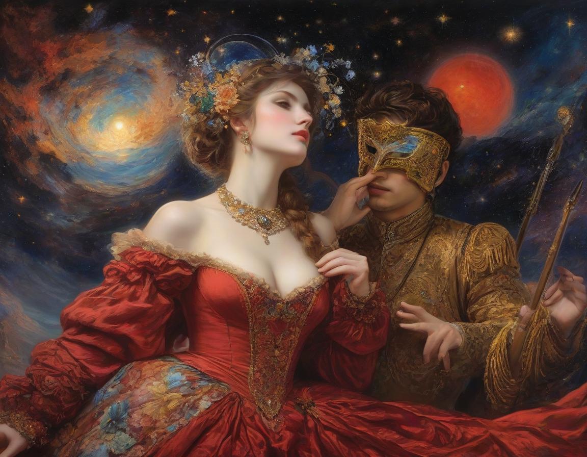  space themed (oil painting: 1.5, masterpiece: 1.7, digital art: 1.4).painting, ((man and woman dancing at a ball, dressed in renaissance style: 1.5),and wearing (venetian masquerade mask: 1.6)) (woman in a red velvet dress with embroidery). style: dark fantasy, surrealism, atmosphere full of secrets, magic and mysticism. in the manner of claude monet, van gogh, sabbas apteros, alfonso mucha, carol buck, andrew jones, yutaka kagai, fragonard. high detail. high quality 16k, hdr . cosmic, celestial, stars, galaxies, nebulas, planets, science fiction, highly detailed