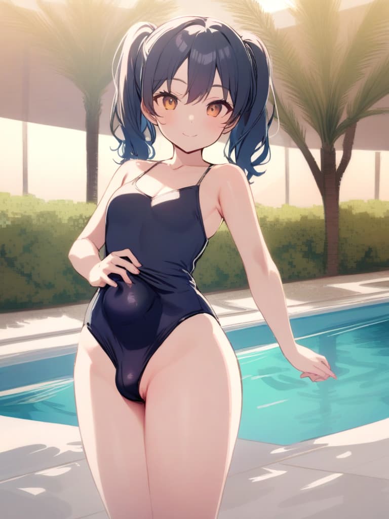  women's elementary students, dark blue swimwear, old swimwear, swimwear, , simple, male bulge, / swelling, phimosis clear, shaped clear, , front, cute smile, twin tails, whole body, pool side, pool side,