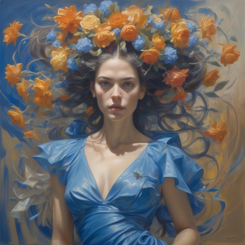  abstract expressionist painting <mymodel> a painting of a woman with flowers in her hair and a blue dress donato giancola, figurative art, extremely detailed oil painting, a hyperrealistic painting . energetic brushwork, bold colors, abstract forms, expressive, emotional