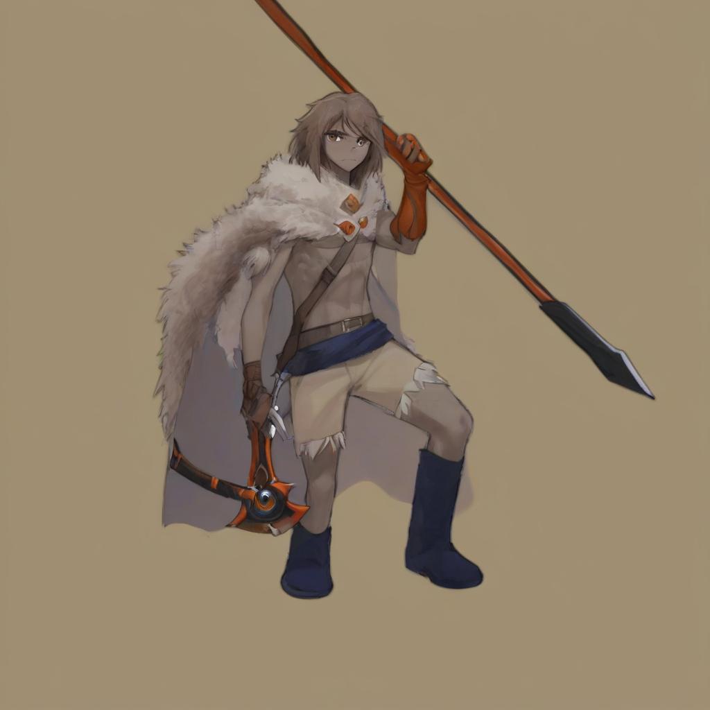  anime artwork human , tribe man, crossbow, brown fur cape , brown eyes, . anime style, key visual, vibrant, studio anime, highly detailed