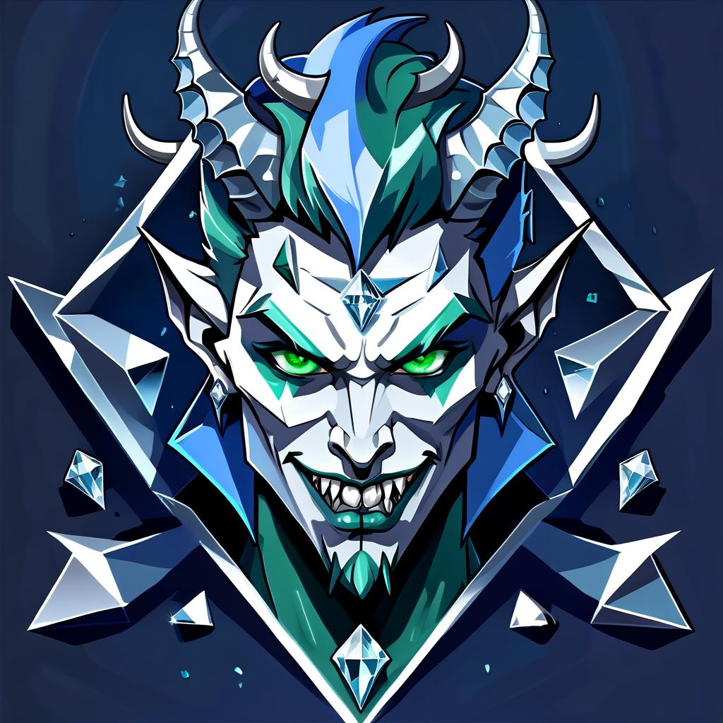  concept art diamond devil, portrait. dark green eyes, man. kind. hair gray. with fangs and horns. colors blue, blue, silver . digital artwork, illustrative, painterly, matte painting, highly detailed