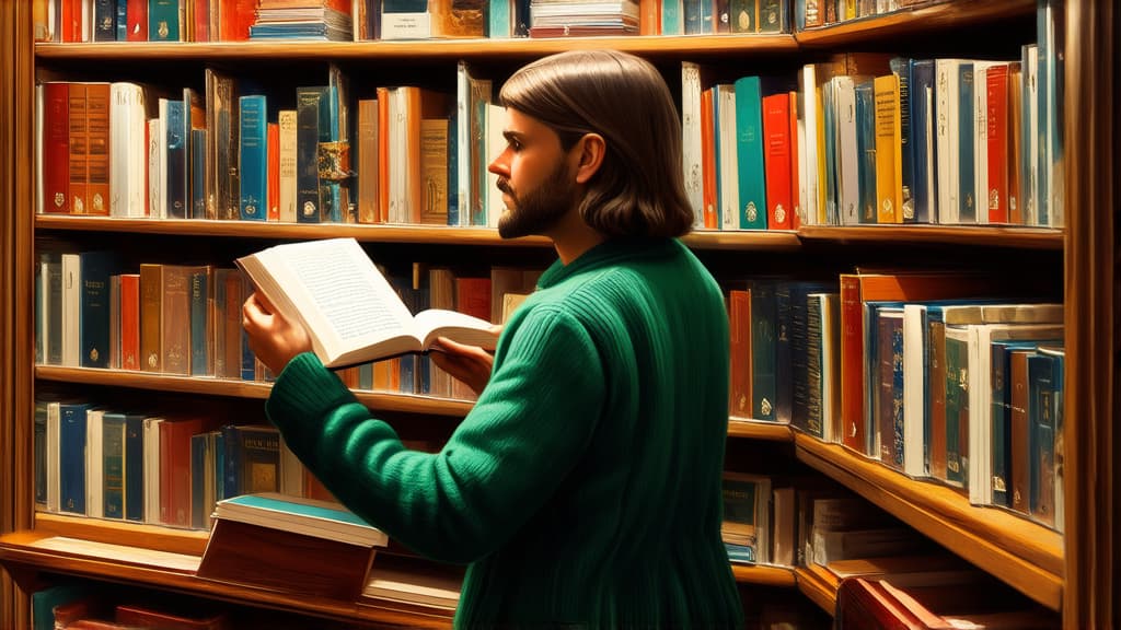  a cozy, hyper realistic photograph of a person browsing through books in a quaint, independent bookstore. the person is centered and depicted with ultra high detail, especially in the face, where every feature is rendered with extreme precision capturing the finest textures, expressions, and nuances. the person is reaching for a book on a wooden shelf, surrounded by rows of books. the warm, natural lighting enhances the textures of the books, shelves, and the wooden floor, with every element in sharp focus. the scene conveys a quiet, intimate atmosphere, with stacks of books on tables and a reading nook in the background. the image should evoke a deep sense of nostalgia and love for reading, with the face and hands of the person rendered w