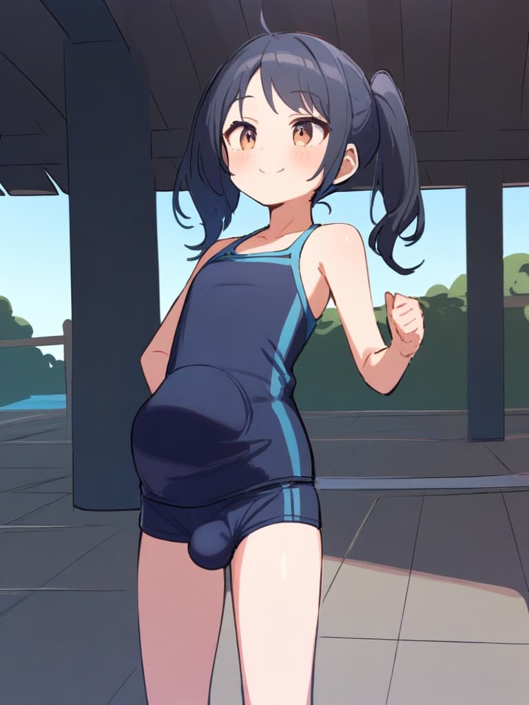  women's elementary students (male), twin tails, cute smiles, (rich s), short stature, dark blue swimwear, old swimwear, swimwear, simple, (upward), upward, (bulge), front, whole body, pool side ,,,