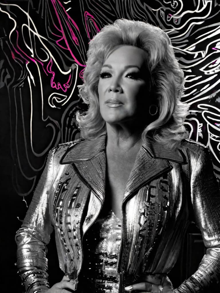  A younger country singer Tanya Tucker, medium shot, upper body, spotlight, long exposure lighting, street art style spray paint, glamour lighting