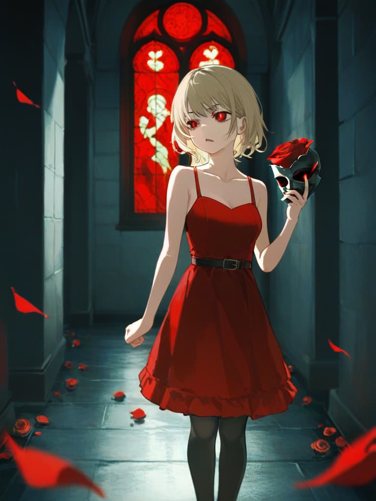  young lady,face turned to the side,she turns her gaze this way,painful face,long blonde hair,holding a mask in hand,black and red dress,black tights,heeled shoes,the stems of the roses are clinging,blooming red rose,red stained glass in the background,uneasy atmosphere,