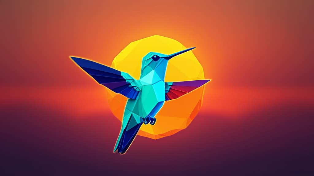  hummingbird in the sunset ar 16:9, colorful, low poly, cyan and orange eyes, poly hd, 3d, low poly game art, polygon mesh, jagged, blocky, wireframe edges, centered composition