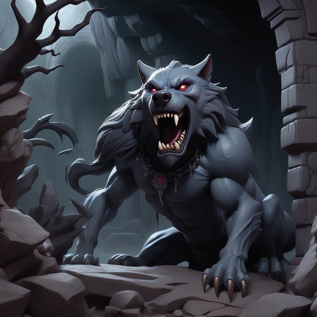  gothic style evil monster giant dire wolf throws up drow dark elf and intends to swallow him, cave background . dark, mysterious, haunting, dramatic, ornate, detailed