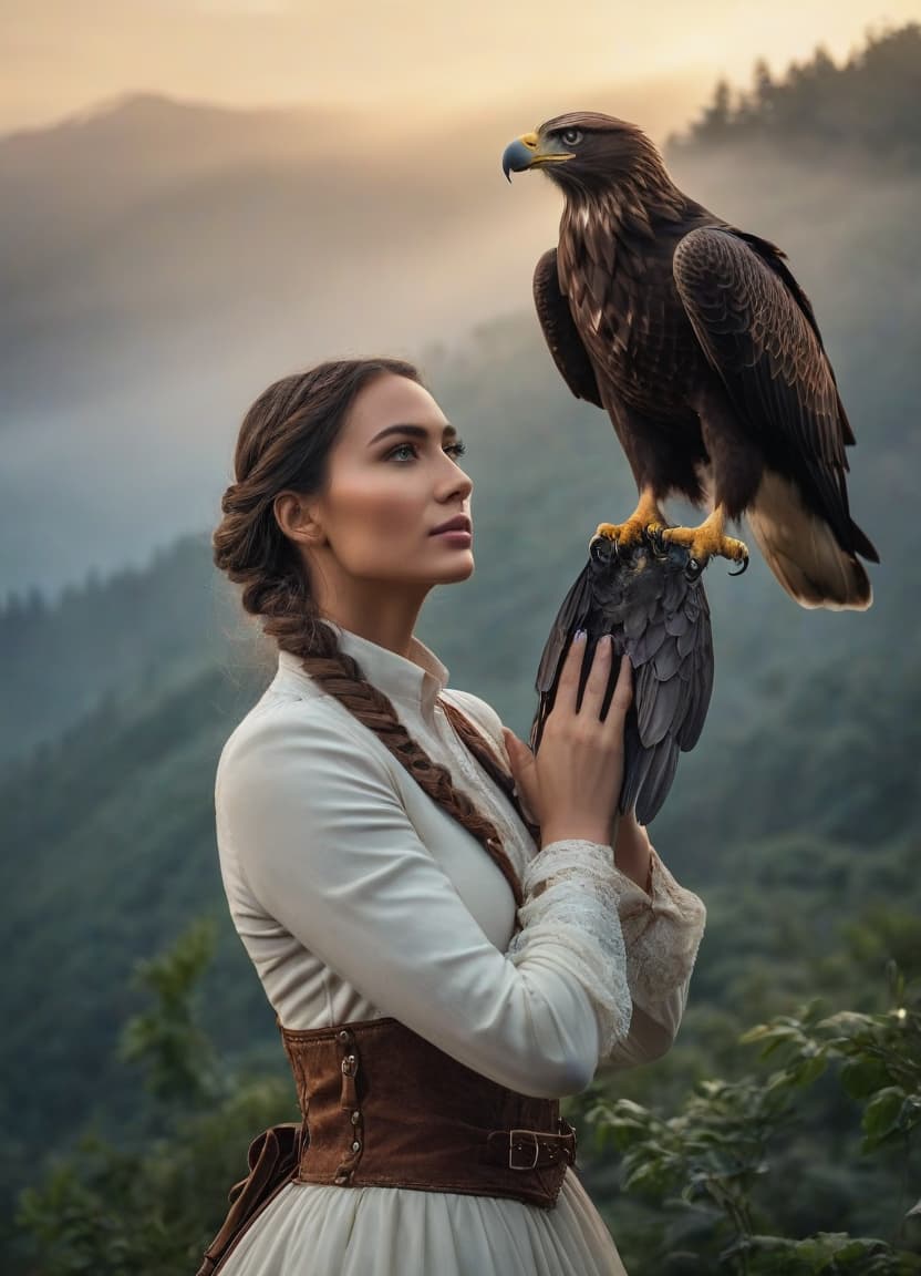  cinematic photo a captivating cinematic scene featuring a young woman with an eagle perched on her arm. the woman stands gracefully, dressed in rustic yet elegant attire that suggests a connection with nature. the eagle, majestic and powerful, sits calmly on her outstretched arm, its sharp eyes and detailed feathers depicted with precision. the background shows a serene natural setting, perhaps a forest or a mountainside, with the soft light of dawn or dusk adding a magical quality to the scene. the bond between the woman and the eagle is evident, evoking a sense of harmony and strength. . 35mm photograph, film, bokeh, professional, 4k, highly detailed, hkmagic hyperrealistic, full body, detailed clothing, highly detailed, cinematic lighting, stunningly beautiful, intricate, sharp focus, f/1. 8, 85mm, (centered image composition), (professionally color graded), ((bright soft diffused light)), volumetric fog, trending on instagram, trending on tumblr, HDR 4K, 8K